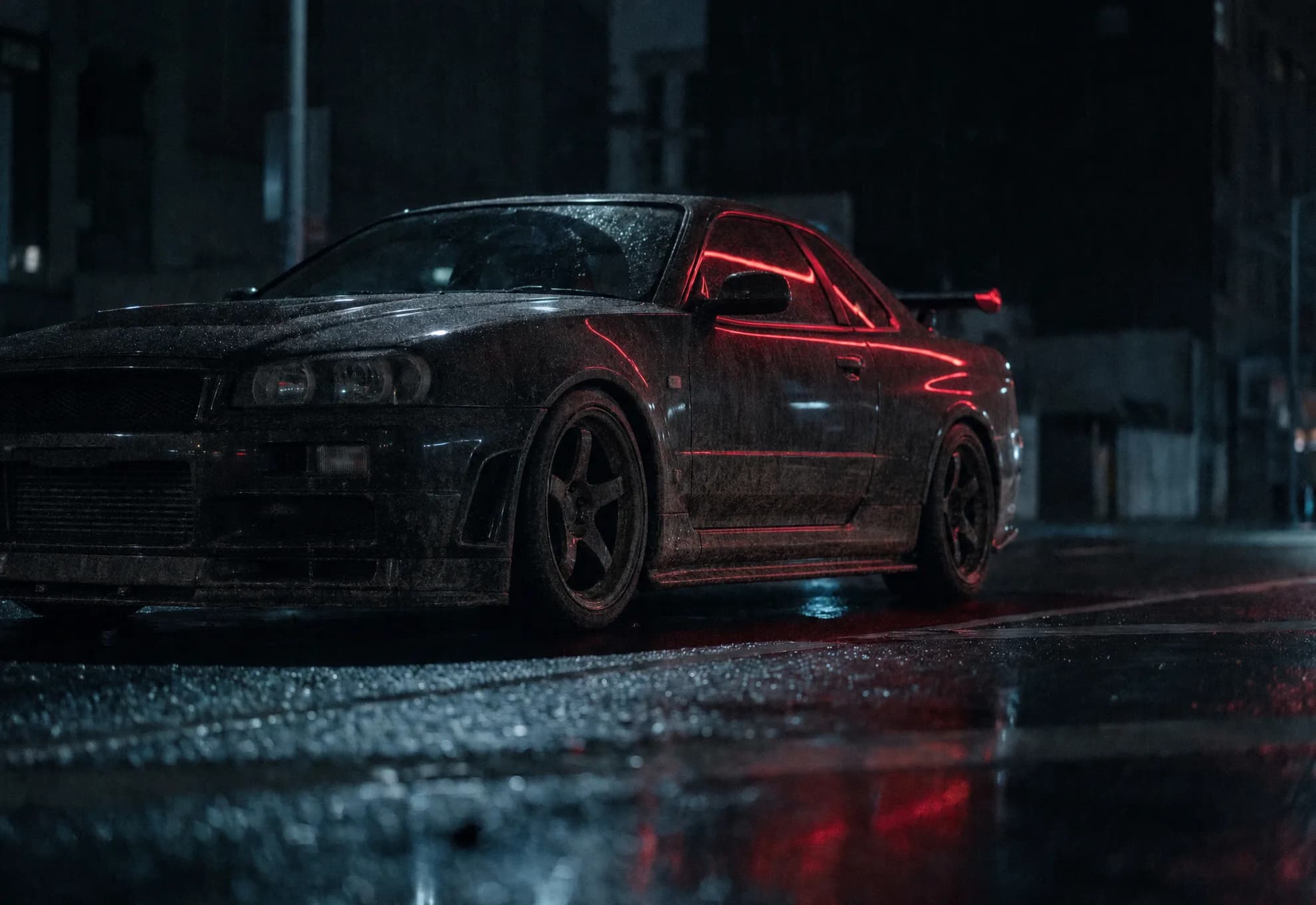A grime-covered coupe on a wet night street before detailing, red rim light tracing its body lines